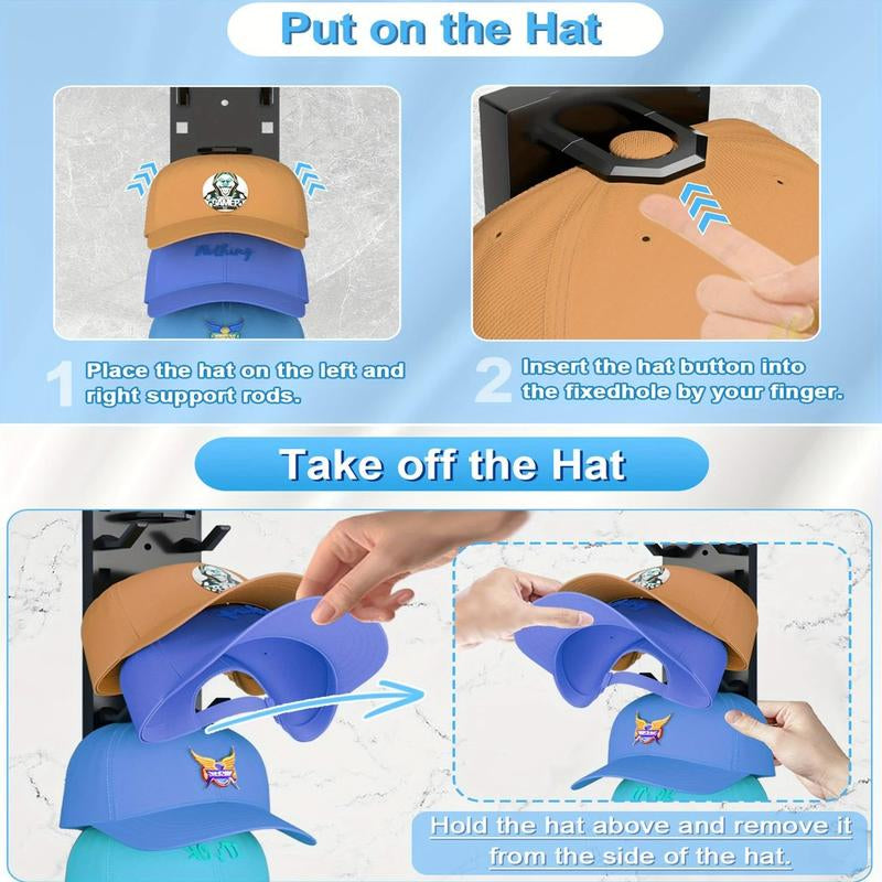 2 Pack Hat Organizer Wall Mounted Baseball Cap Rack Black or White Adhesive Mount Stable Structure Holds 18 Hats for Closet Door & Bedroom Easy Access Installation