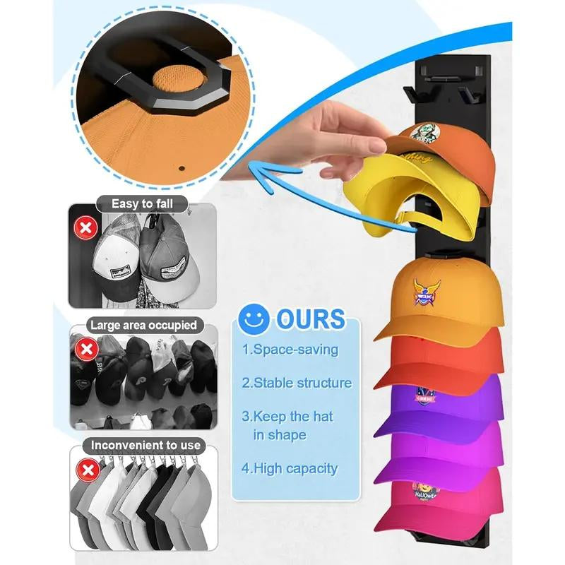 2 Pack Hat Organizer Wall Mounted Baseball Cap Rack Black or White Adhesive Mount Stable Structure Holds 18 Hats for Closet Door & Bedroom Easy Access Installation