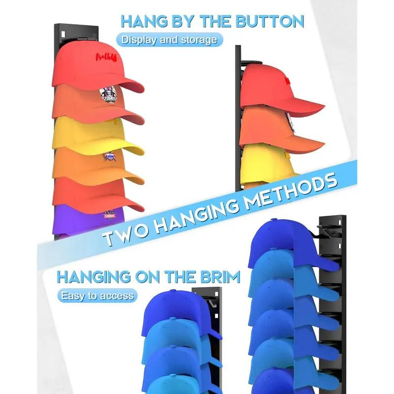 2 Pack Hat Organizer Wall Mounted Baseball Cap Rack Black or White Adhesive Mount Stable Structure Holds 18 Hats for Closet Door & Bedroom Easy Access Installation