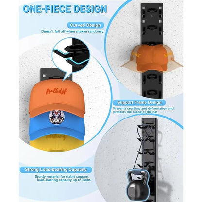 2 Pack Hat Organizer Wall Mounted Baseball Cap Rack Black or White Adhesive Mount Stable Structure Holds 18 Hats for Closet Door & Bedroom Easy Access Installation